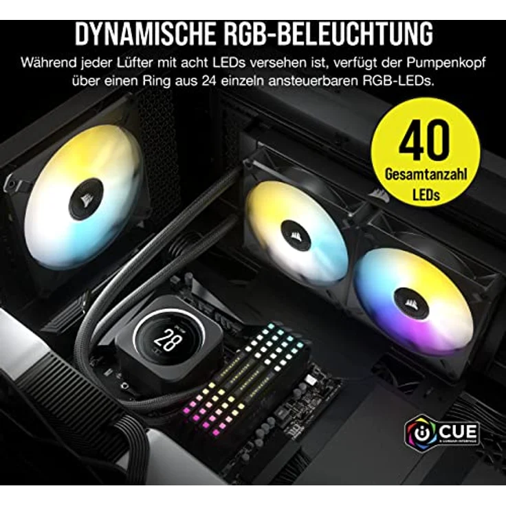 Corsair iCUE H100i ELITE CPU-Flüssigkeitskühler mit LCD-Display (IPS-LCD-Bildschirm mit anpassbarer Anzeige, 40 Dynamische RGB-LEDs, 120-mm-Lüfter, 240-mm-Radiator, Commander Core inklusive) Schwarz – Bild 4