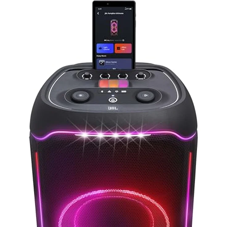 JBL PartyBox Ultimate – Kraftvoller Lautsprecher mit Bluetooth und WiFi Pro Sound mit Lichteffekten – Wasserfest und mit Rädern zum einfachen Transport – Schwarz – Bild 4