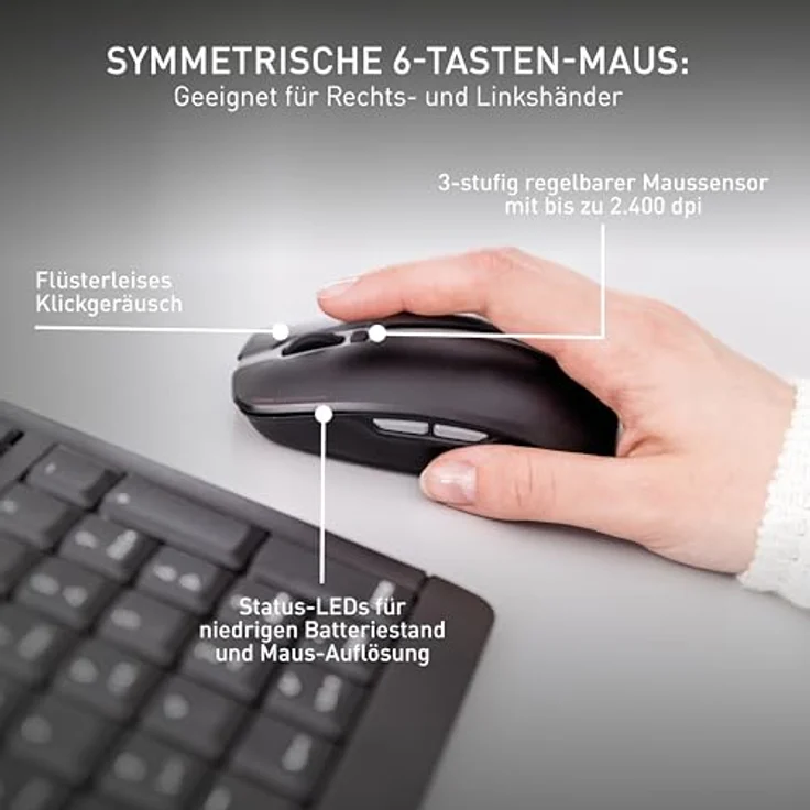CHERRY STREAM DESKTOP RECHARGE, Kabelloses Tastatur-Maus-Set mit Pan-Nordischem Layout (QWERTY), 2,4 GHz Funk, Leiser Tastenanschlag, Wiederaufladbar, Weiß-Grau – Bild 4
