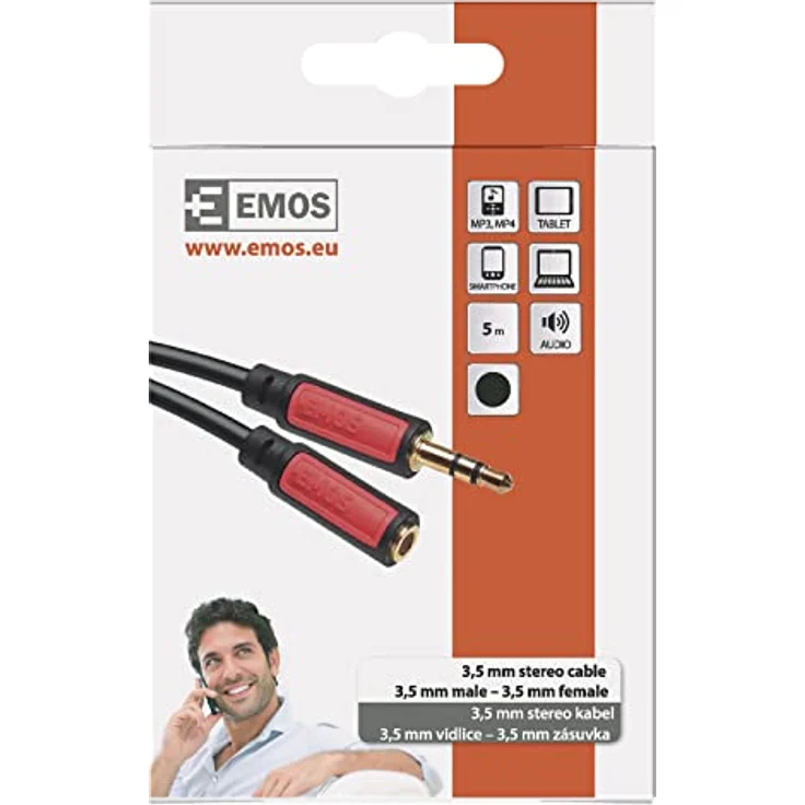 EMOS Klinkenkabel Stereo 3,5 mm Jack, Klinke und Buchse (M-Stecker/F-Stecker), 5 m AUX-Kabel/Audiokabel für iPhone, Smartphone, iPad, Tablet, MP3-Player, Stereoanlege, Kopfhörer, schwarz – Bild 3