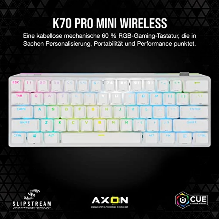 Corsair K70 PRO MINI Wireless RGB 60% Mechanische Gaming-Tastatur (Superschnelles Sub-1-ms-Wireless, Cherry MX Speed-Tastenschalter, PBT-Double-Shot-Tastenkappen) DE Layout, QWERTZ - Weiß – Bild 2
