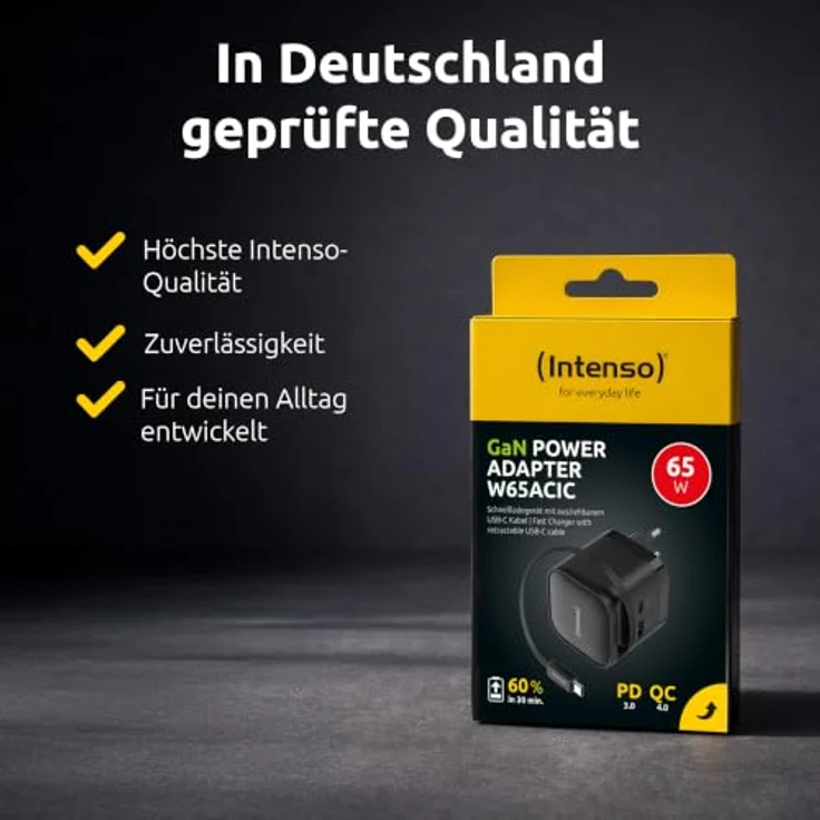 Intenso Power Adapter W65ACIC, Schnellladegerät mit 65 W Leistung, ausziehbarem USB-C Kabel, schwarz – Bild 8