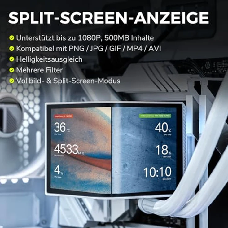 TRYX Panorama 360 ARGB, 360mm AIO Wasserkühlung mit 6,5'' AMOLED Curved Screen, 3D-Anamorphic-Effekt, 320 W TDP, magnetische Performance-Lüfter, für Intel- & AMD-CPUs, weiß – Bild 5