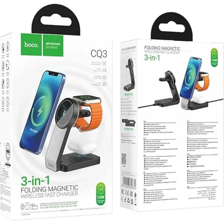 COFI 1453 3in1 induktives Ladegerät kompatibel mit MagSafe 15W Ladestation in Schwarz mit Ambientebeleuchtung, faltbar – Bild 3