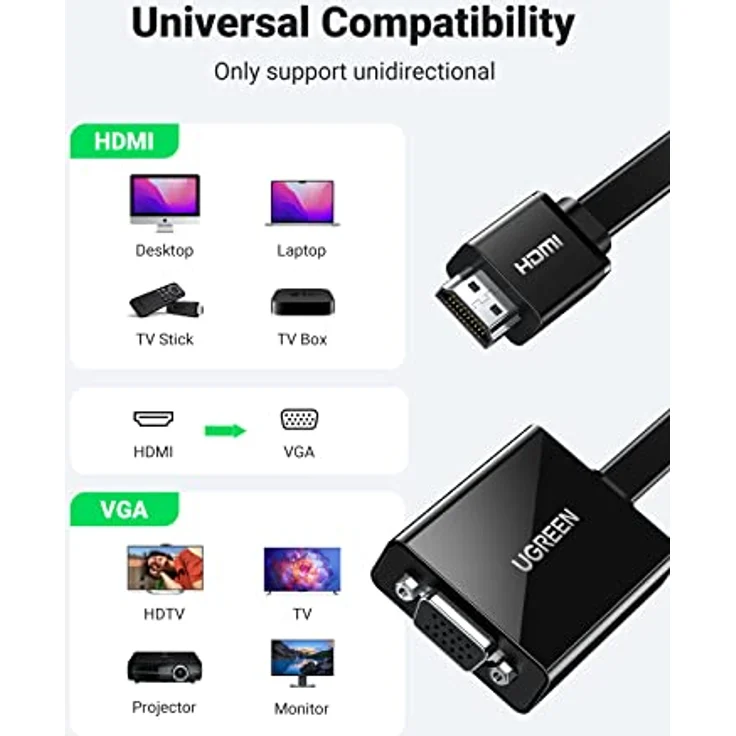 UGREEN HDMI auf VGA kabel Adapter 1080P HDTV Aktiv Audio Übertragung Konverterkabel unterstützt für PC Laptop, Chromebook, Raspberry Pi Schwarz - Preisvergleich – Bild 2