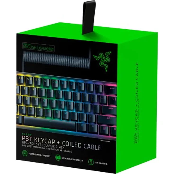 Razer PBT-Tastenkappe + Spiralkabel, Upgrade-Set: langlebiges Doubleshot-PBT – universelle Kompatibilität – Werkzeug zum Entfernen von Tastenkappen und Stabilisatoren – taktisch gewickelt und