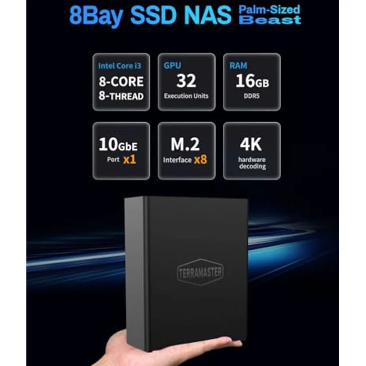 TERRAMASTER F8 SSD Plus NAS - Voll-SSD-NAS mit Core i3 8-Core CPU, 16GB DDR5 RAM, 10GbE Port, 64TB Kapazität (Diskless) - Silber – Bild 2