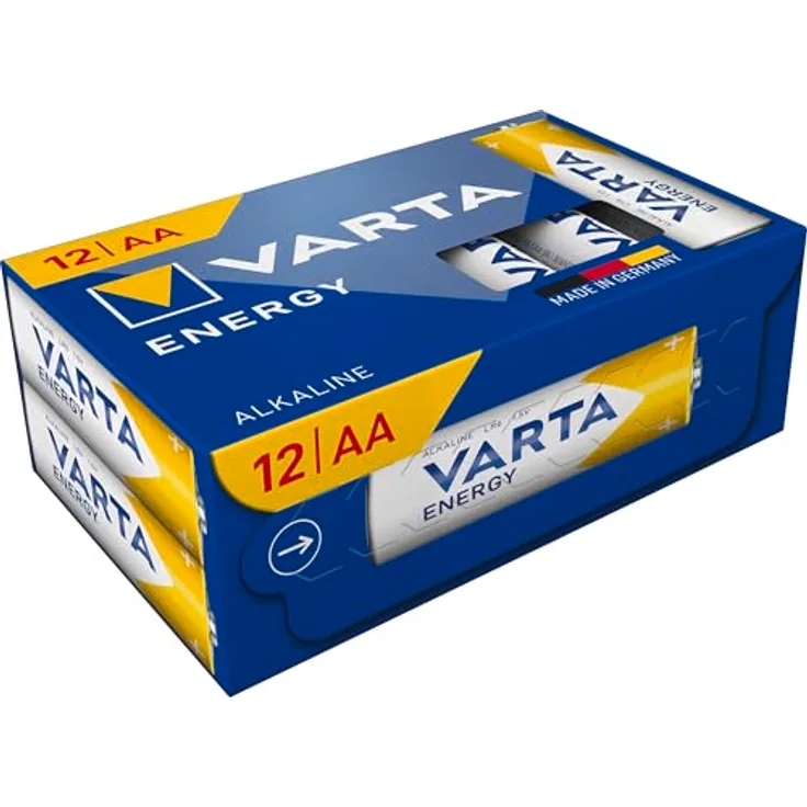 VARTA AA Batterien Energy, 12 Stück, Alkaline 1,5V, langlebig und auslaufsicher, für Geräte mit geringem Energiebedarf, Verpackung zu 90% recycelt, Made in Germany