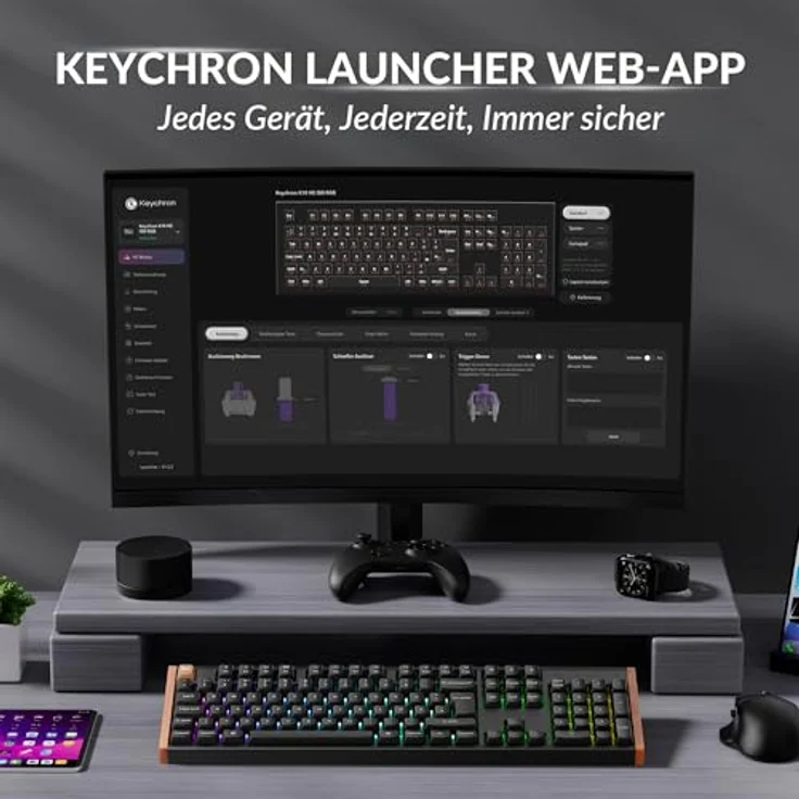 Keychron K10 HE, kabellose Gaming-Tastatur mit Gateron Nebula Dual-Rail-Magnetschaltern, 100% ISO-DE-Layout, Aluminium- und Holzrahmen, programmierbar, für Mac und Windows – Sonderedition (Schwarz) – Bild 5