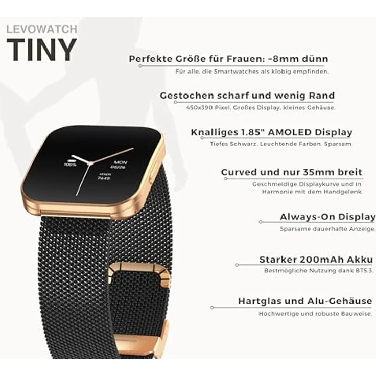 Levowatch Tiny Damen Smartwatch, 8mm dünn & Curved, mit AMOLED Always-On Display, Sprachsteuerung, wasserdicht, 3 Armbänder, Fitness-Tracker, Telefonfunktion – Bild 3