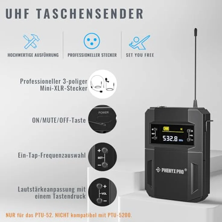 Phenyx Pro PTU-52-1H1B, Dual UHF Funkmikrofon-Set mit 30 Frequenzen, Handmikrofon und Bodypack, robuste Bauweise – Bild 5