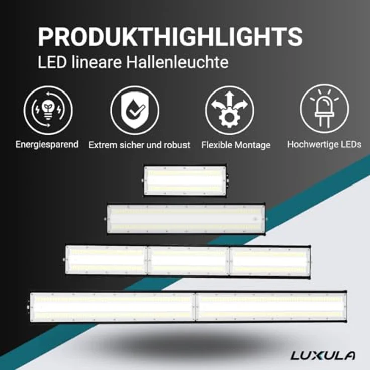 LUXULA LED Hallenleuchte High-Bay Hallenstrahler mit Marken-LEDs - 150W 18000lm - 5000K Neutralweiß Tageslicht - IP65 IK08 - linear - Industrielampe Werkstatt Lager – Bild 2