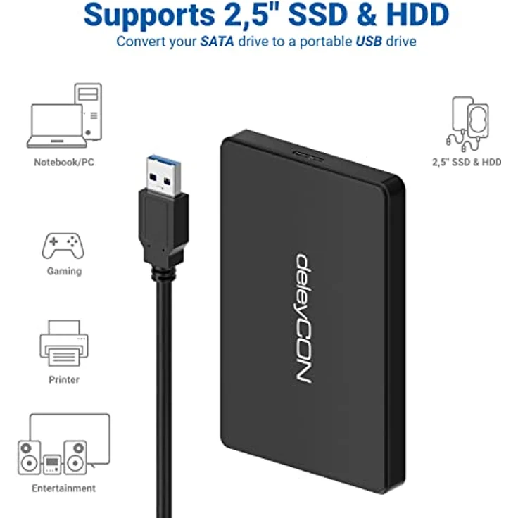 deleyCON Festplattengehäuse 2,5“ Zoll SATA 3 HDD/SSD Externes Gehäuse UASP Schwarz, ultra schlankes Design, 5 Gbit/s Datentransfer – Bild 5