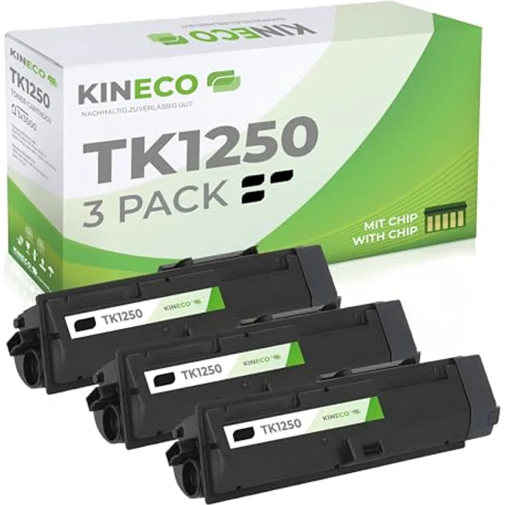 Kineco Toner 3er Pack kompatibel zu Kyocera TK-1250, schwarzer Hochleistungs-Toner mit 9.000 Seiten Reichweite für ECOSYS MA3500FX, MA3501WFX, PA3500WX, PA3500X & Plus-Modelle