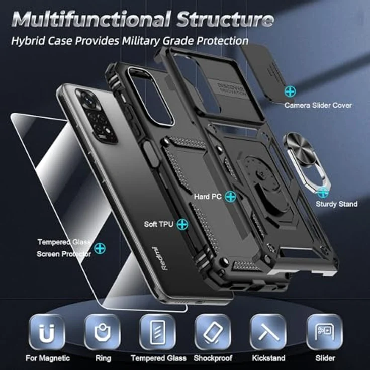 LeYi Kameraschieber Schutzhülle für Xiaomi Redmi Note 11/Note 11S, 6.43" mit 2*Schutzglas, Ringhalter Ständer, Militärische Rüstung - Schwarz – Bild 3