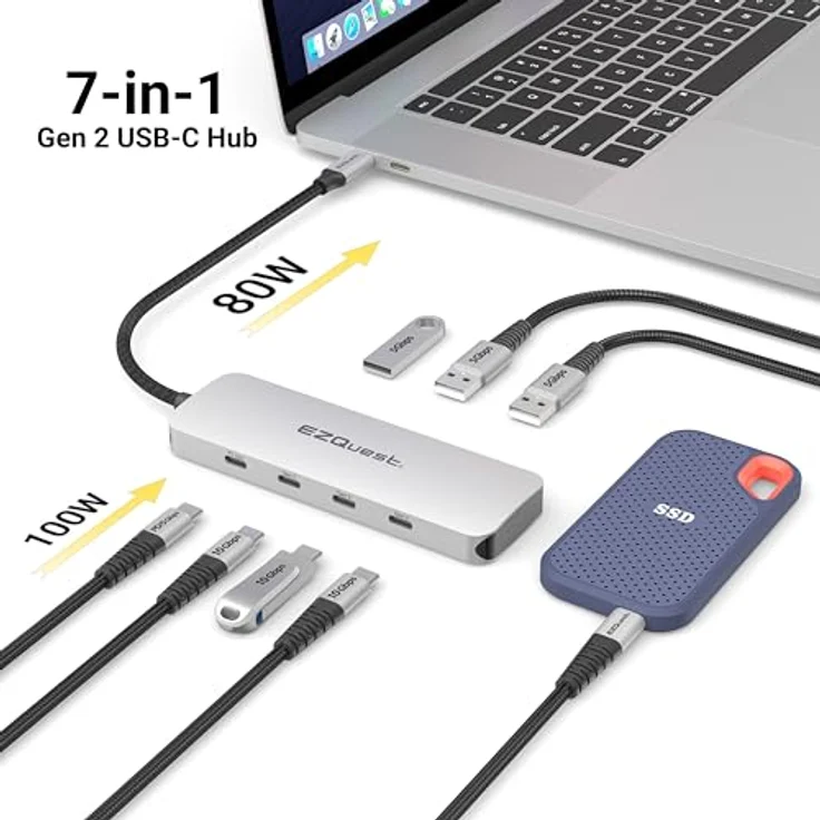 EZQuest USB-C Gen 2 Hub Adapter 7-Anschlüsse - Schwarz, 3X USB-C 10Gbs Gen 2, 3X USB 3.0 5Gbs Ports und 1x USB-C Stromversorgung 3.0 mit 5Gbs Daten – Bild 5