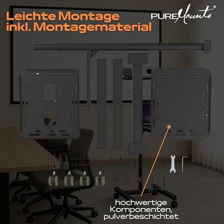 PureMounts PM-PCART-10 - Neigbarer Projektionswagen - Projektionstisch für Beamer und Projektor, flexibel einstellbar (950mm bis 1450mm), feststellbare Rollen, Tragkraft 10kg, Farbe schwarz – Bild 7