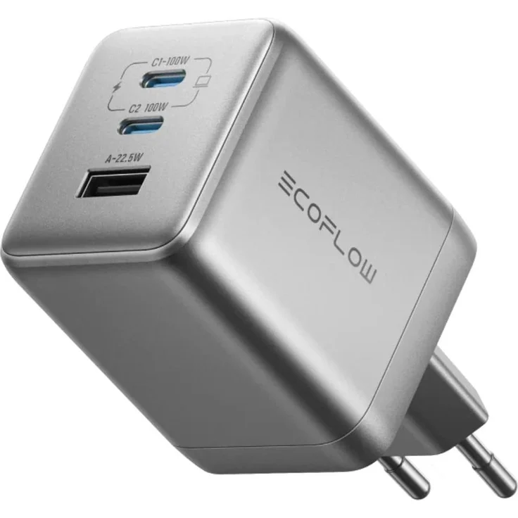 EcoFlow RAPID Pro 100W, 3-in-1 Mains Charger mit 2x USB-C und 1x USB-A, GaN, kompakt und reisefreundlich