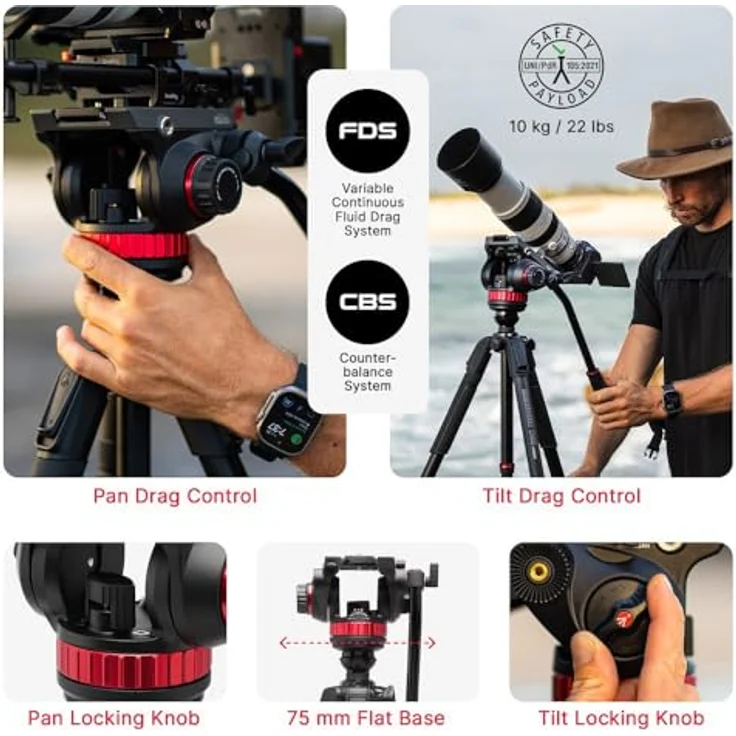 Manfrotto 055 Alu Kit, Videostativ mit Fluid-Kopf, 3 Segmente, belastbar bis 10 kg, Höhe von 54 bis 179 cm – Bild 6