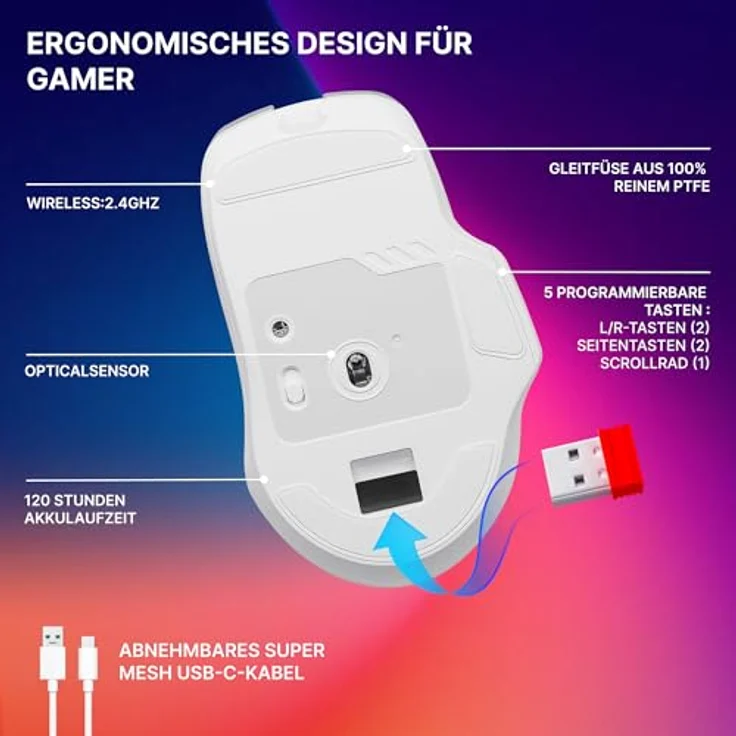 Defender Astro Elite Kabellose Gaming Maus – 2.4 GHz Wireless, 3200 DPI, RGB, 5 programmierbare Tasten, FIRE-Taste, 120 Std. Akku, USB-C, ergonomisch für PC und Laptop – Bild 3