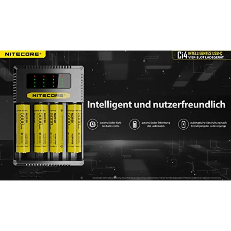 Nitecore USB-C Ladegerät CI4 - für Li-Ion, NiMH und NI-Cd Akkus - Feuerhemmender Kunststoff – Bild 5