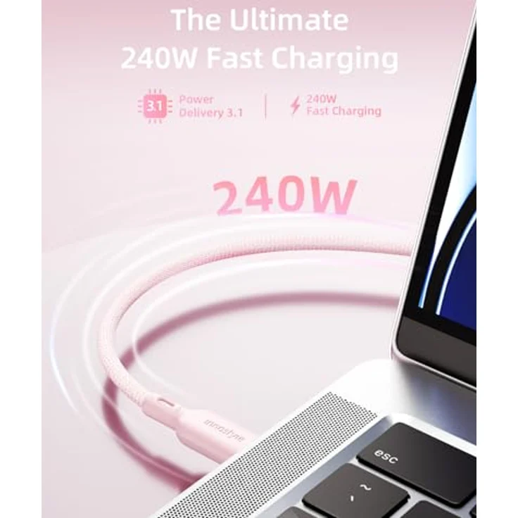 Innostyle USB-C Polyamid Schnellladekabel 240W 2m Rosa, Hochgeschwindigkeits-Datenübertragung für iPhone & Samsung – Bild 4