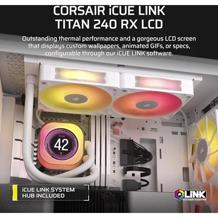 Corsair iCUE LINK Titan 240 RX LCD CPU-Flüssigkeitskühler – 240mm AIO – RGB-Lüfter – iCUE LINK-System-Hub – Weiß – Bild 2