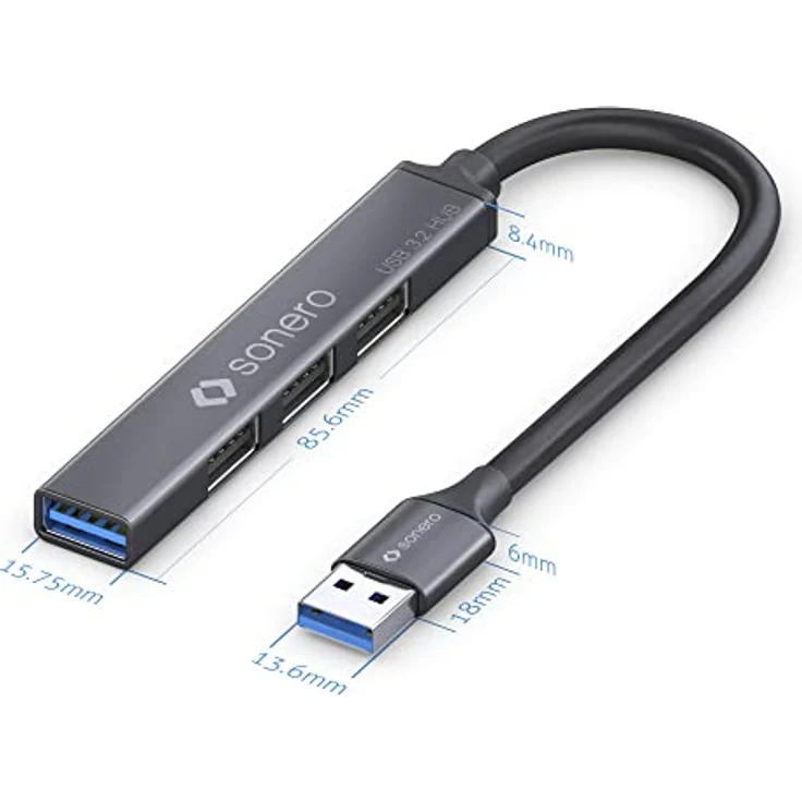 Sonero USB-Hub, USB-Verteiler, 4-Port, 1x USB 3.2 mit 5 GB/s, 3X USB 2.0 mit 480 MB/s, USB-A Stecker, Ultra Slim, Space Grey, 0,15m, S-UH100-001 – Bild 2