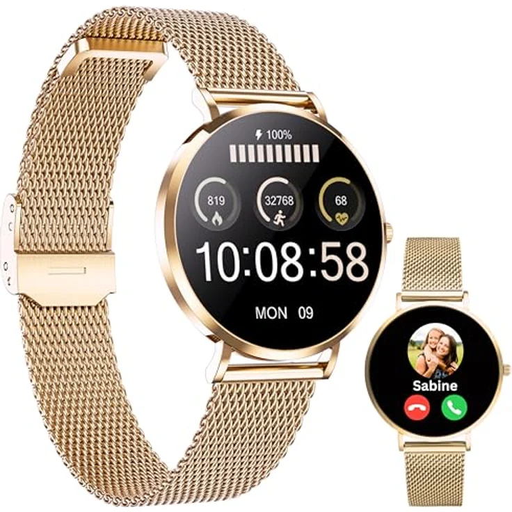XCOAST Smartwatch Damen mit Telefonfunktion, AMOLED Fitnessuhr, IP68 wasserdicht, 100+ Sport Modi, Roségold – Bild 1
