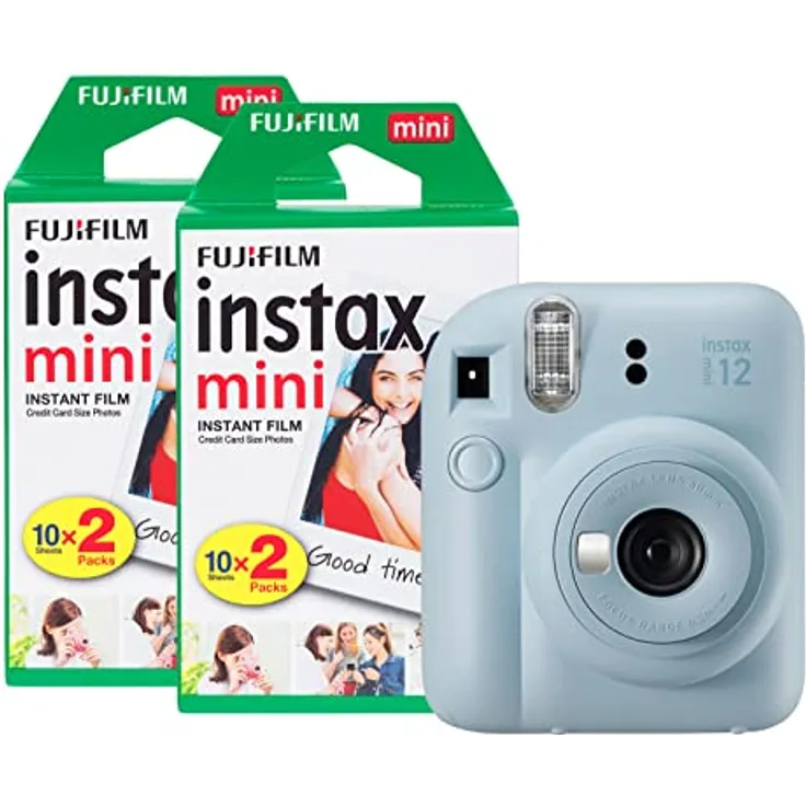Fujifilm instax Mini 12, Sofortbildkamera mit 40 Aufnahmen, Pastellblau, automatische Belichtungssteuerung und integrierter Selfie-Spiegel