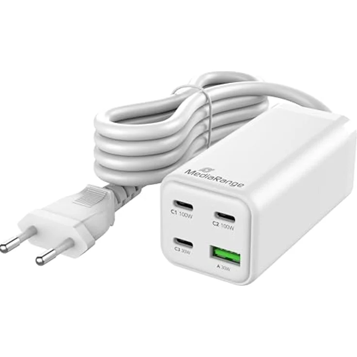 MediaRange 100W GaN Schnellladestation, 3x USB-C und 1x USB-A, unterstützt USB-C Power Delivery und Quick Charge™, Weiß – Bild 1