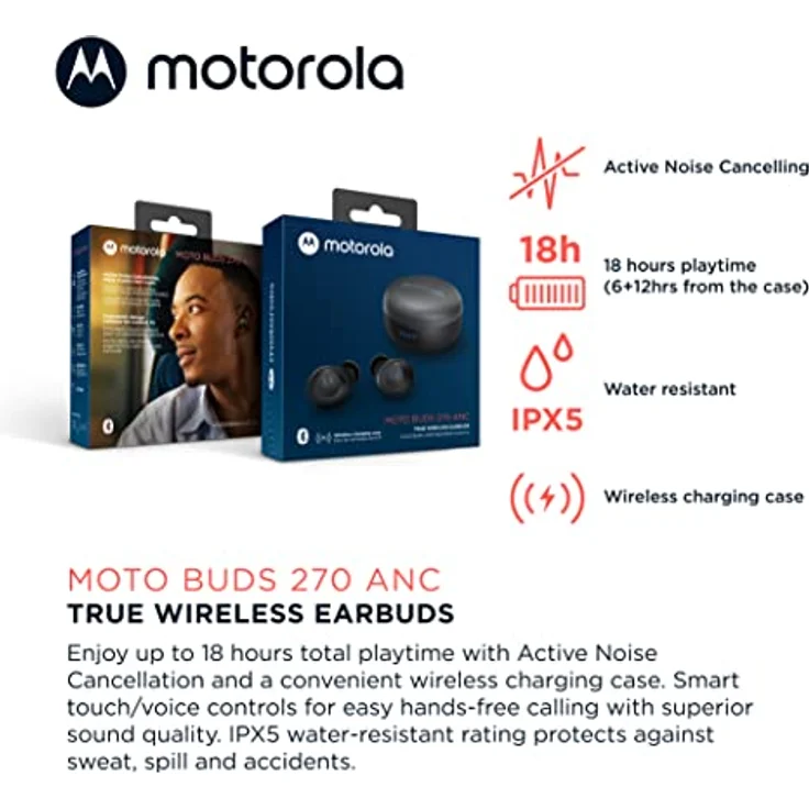 Motorola Sound Moto Buds 270 ANC - Kabellose Kopfhörer In Ear - Bluetooth - 18Std. - Active Noise Cancellation - Wasser und Schweißfest - Schwarz, S/M/L – Bild 2