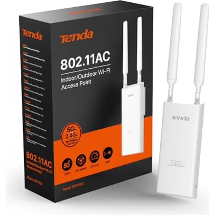 Tenda OAP1200 Outdoor Access Point, Gigabit Dualband WLAN (AC1200, IP65 wasserfest, PoE unterstützend, 1 Gigabit Port), weiß