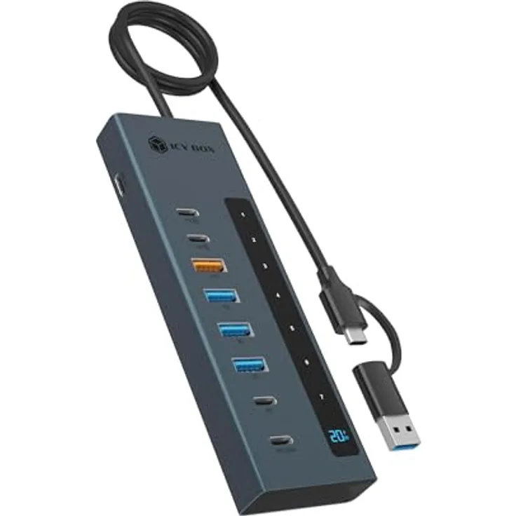 ICY Box IB-HUB1743-CPD, 9-in-1 USB-C/A Hub mit 2x USB-C & 4x USB-A, 10 Gbit/s, 100 W PD, 20 W Ladeport, Aluminium Gehäuse, inkl. Netzadapter 12V/4A