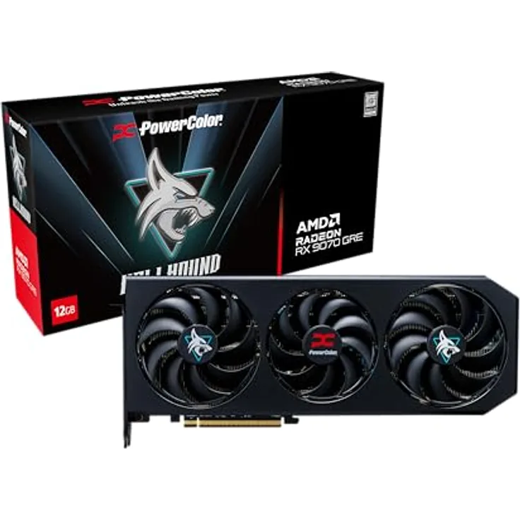 PowerColor RX 9070 GRE 12GB Hellhound, Grafikkarte mit 3072 Stream Kernen, PCIe 5.0, Overclocked, Triple Fan Kühler