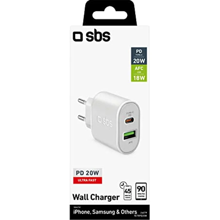 SBS 20W Ultra schnelles Ladegerät, mit 1 USB-C und 1 USB-Anschluss, Wandladegerät für iPhone, Samsung, Oppo, Xiaomi, Huawei, E-Reader, Headsets, Tablets – Bild 5