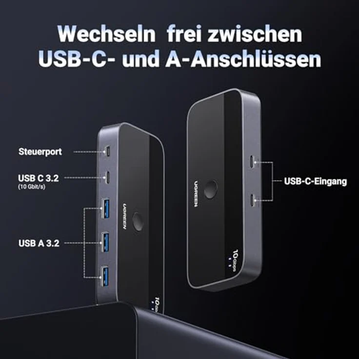 UGREEN USB C Switch 2PC, 10Gbps USB Switch 3.2, 2 In 4 Out mit Desktop Controller, Aluminiumgehäuse, 2 USB C auf C Kabel für Tastatur, Maus, Drucker, USB Stick – Bild 4