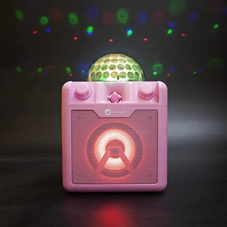 N-Gear DISCO410 Karaoke & Party Bluetooth Lautsprecher mit Discokugel, Mikrofon und Power Bank Funktion, Pink – Bild 2