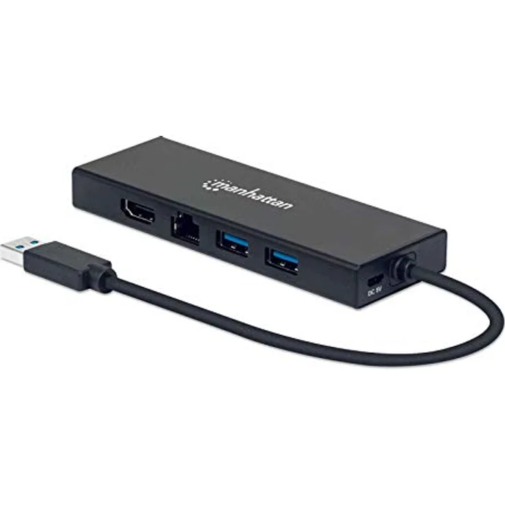 Manhattan USB-A Dock/Hub, Multiport-Adapter mit 5 Anschlüssen: Ethernet, HDMI, 2x USB-A, Aluminiumgehäuse – Bild 1