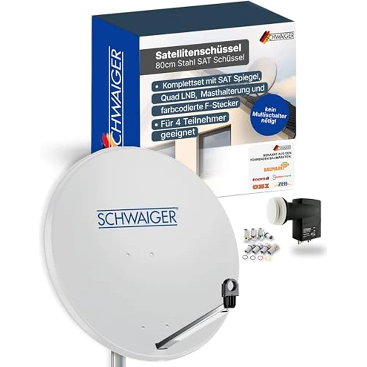 Schwaiger Satellitenanlage Set, hellgrau, 75 cm Offset Antenne mit Quad LNB für bis zu 4 Teilnehmer – Bild 1