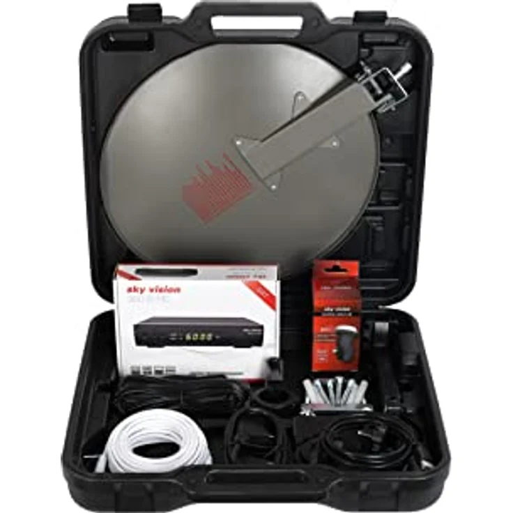 SKY VISION Camping Sat Anlage für den mobilen Gebrauch, Stahl Satellitenschüssel Komplettset mit Single Universal LNB und HDTV Satelliten Receiver, Sat Schüssel 40 cm mit 10 m Anschlusskabel – Bild 1