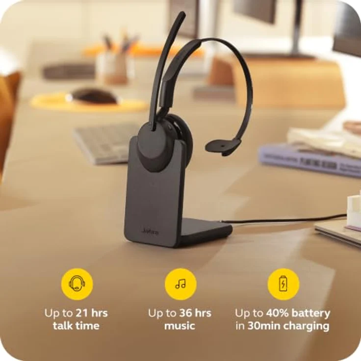 Jabra Evolve3 45 Mono, LINK 390a, UC On Ear Headset, kabellos, Bluetooth®, Schwarz, leichtes Design, klare Sprachübertragung – Bild 8