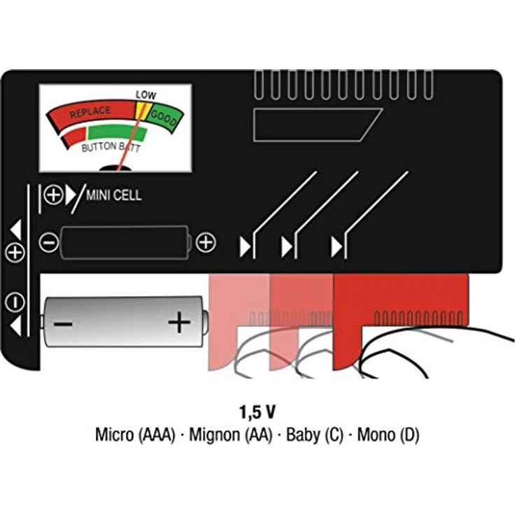 CON:P Batterietester - Mit analoger Anzeige - Zum Prüfen des Ladezustands - Ideal für Batterietypen AAA, AA, C, D (1,5 Volt & 9 Volt) - Einfache Bedienung - Batterie-Prüfgerät - Messgerät - B29821 – Bild 3