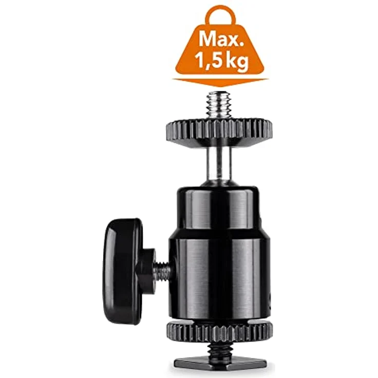 Walimex pro Premium Mini Stativkopf Kugelkopf mit 1/4 Blitzschuhadapter, 360° Drehbar Ball Head mit Hot Shoe Adapter für Kameras, LED Licht, Mikrofone, 1,5 kg Belastbarkeit – Bild 4