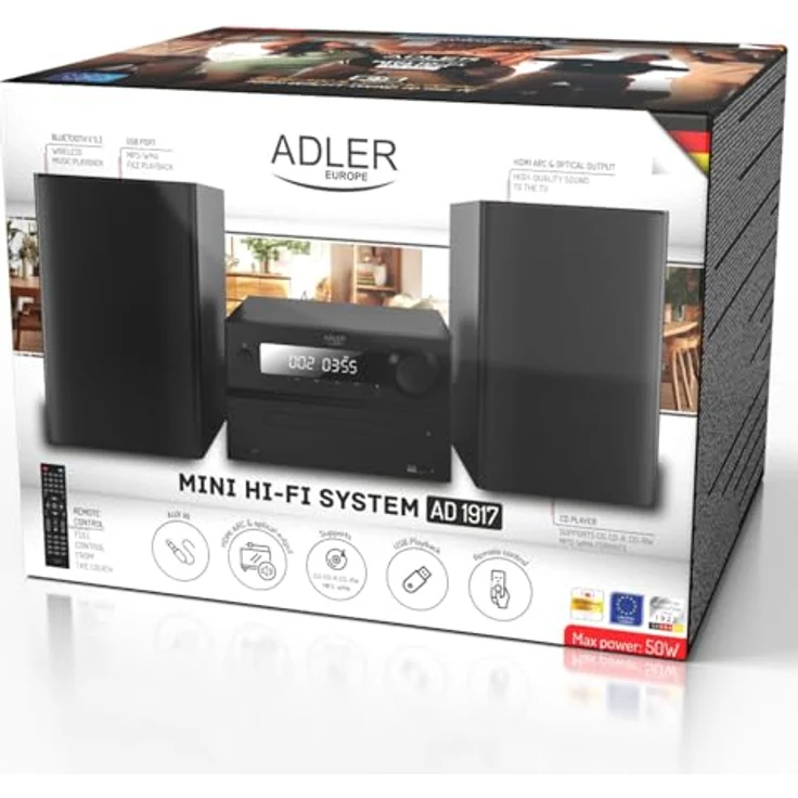 Adler AD 1917 Hi-Fi-Tower, Bluetooth/CD/USB/UKW-Radio mit 50 W RMS, schwarz – Bild 7