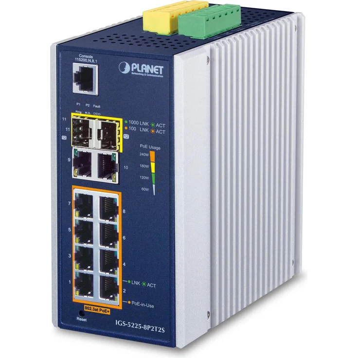 Planet IP30 Industrial L2+/L4 8-Port Switch, 10 Ports, PoE-fähig, 240 Watt Budget, Betriebstemperatur -40 bis +75 °C, Blau, Weiss