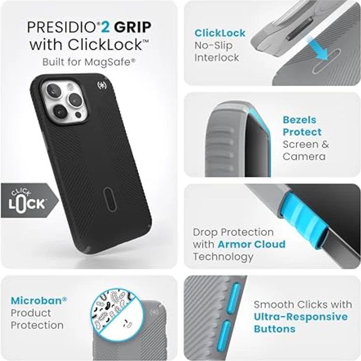 Speck iPhone 15 Pro Max Hülle – ClickLock rutschfeste Interlock, gebaut für MagSafe, Fallschutzgriff – Kratzfest, weiche Haptik, 6,7 Zoll Handyhülle – Presidio2 Grip Schwarz/Schiefergrau/Weiß – Bild 3