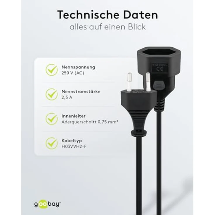 goobay 64616 Verlängerungskabel Eurostecker, 2 Meter Flachkabel mit erhöhtem Berührungsschutz für TV und Haushaltsgeräte, schwarz, max. 2,5 A – Bild 4
