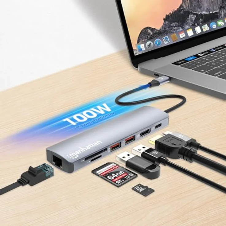 Manhattan 153966 Docking Station USB-C PD 7-in-1 4K Hub Multiport Silver, HDMI 4K@60Hz, Gigabit Ethernet, Aluminiumgehäuse – Bild 2