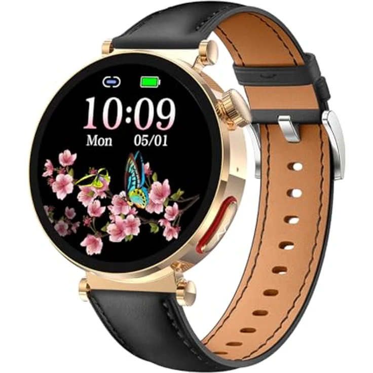 Knauermann NEO 2 (2025), Gesundheitsuhr Smartwatch in Gold Rund mit EKG, HRV, Schlafapnoe, Blutdruck und schwarzem Rindsleder Armband – Bild 2